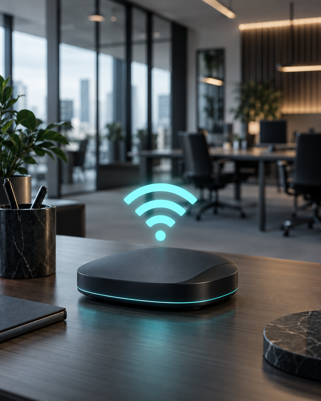 Illustration of a wireless access point and WiFi signal in a modern office